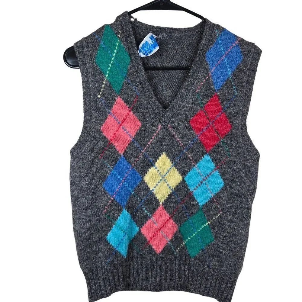 Vintage Deans Of Scotland Argyle Wool Knit Sweater Vest Gray Mens Size M